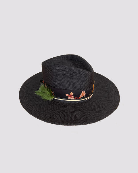 Black Panama straw hat with feathers