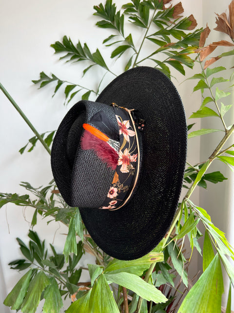 Black Panama straw hat with feathers